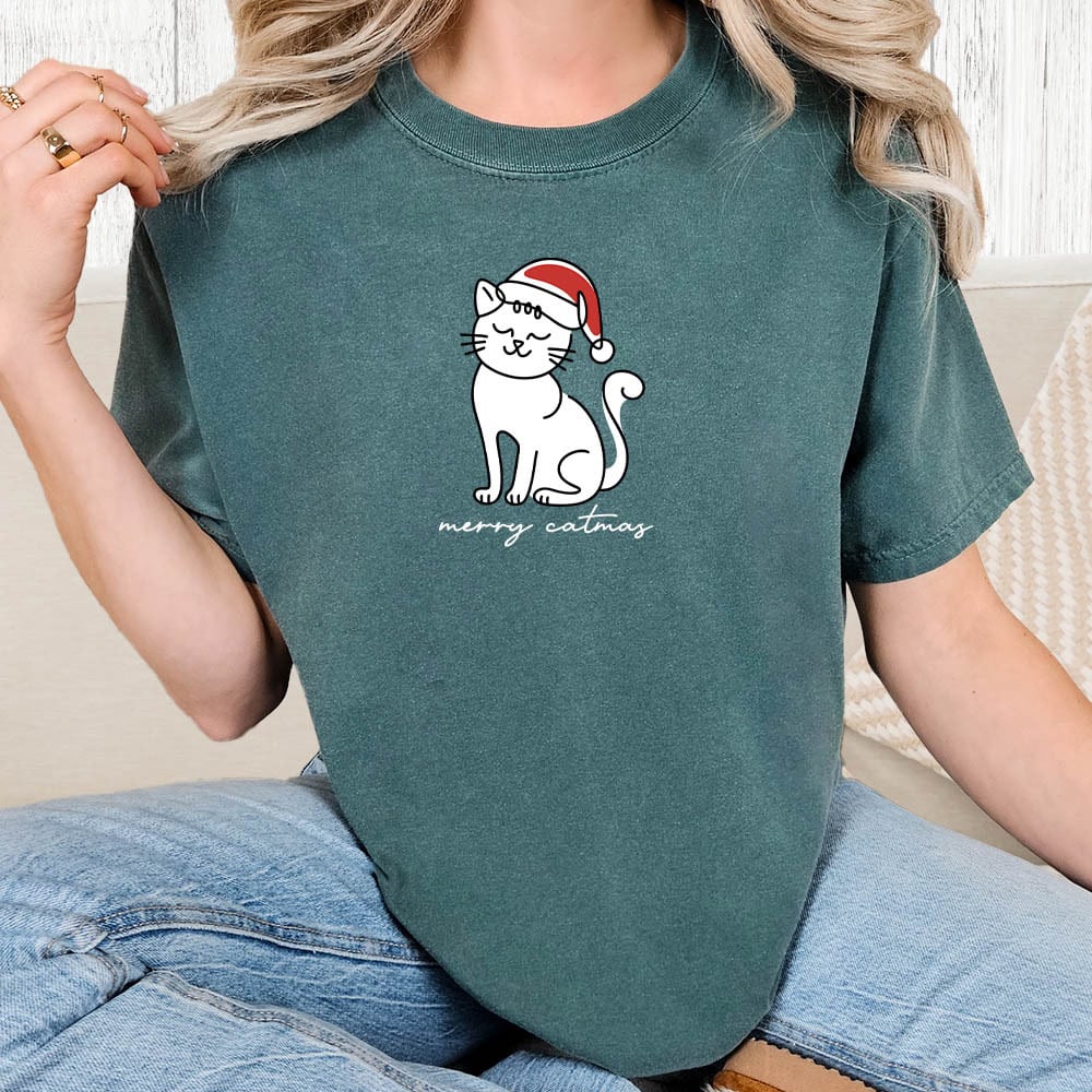 Comfort Colors Merry Catmas Kitty Vintage Washed Tee - Blue Spruce