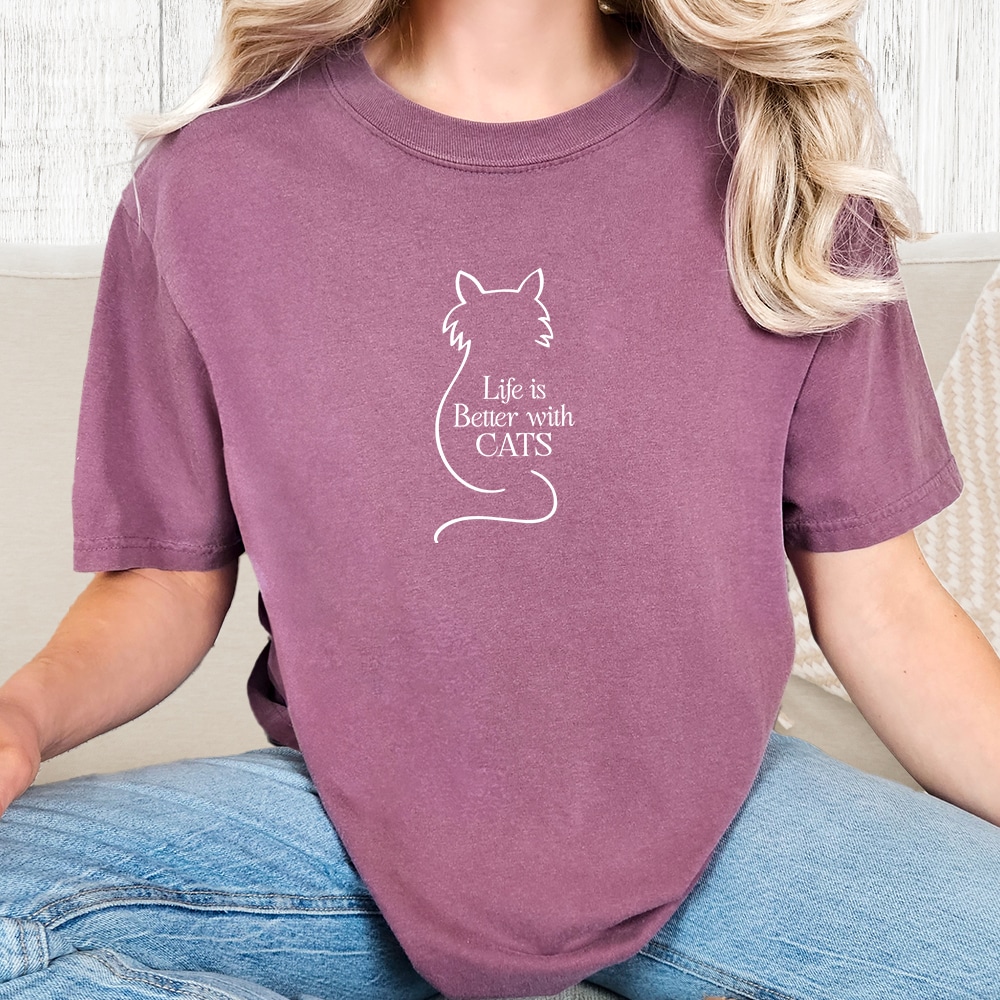 Comfort Colors Life Is Better With Cats Outline Vintage Washed Tee - Berry