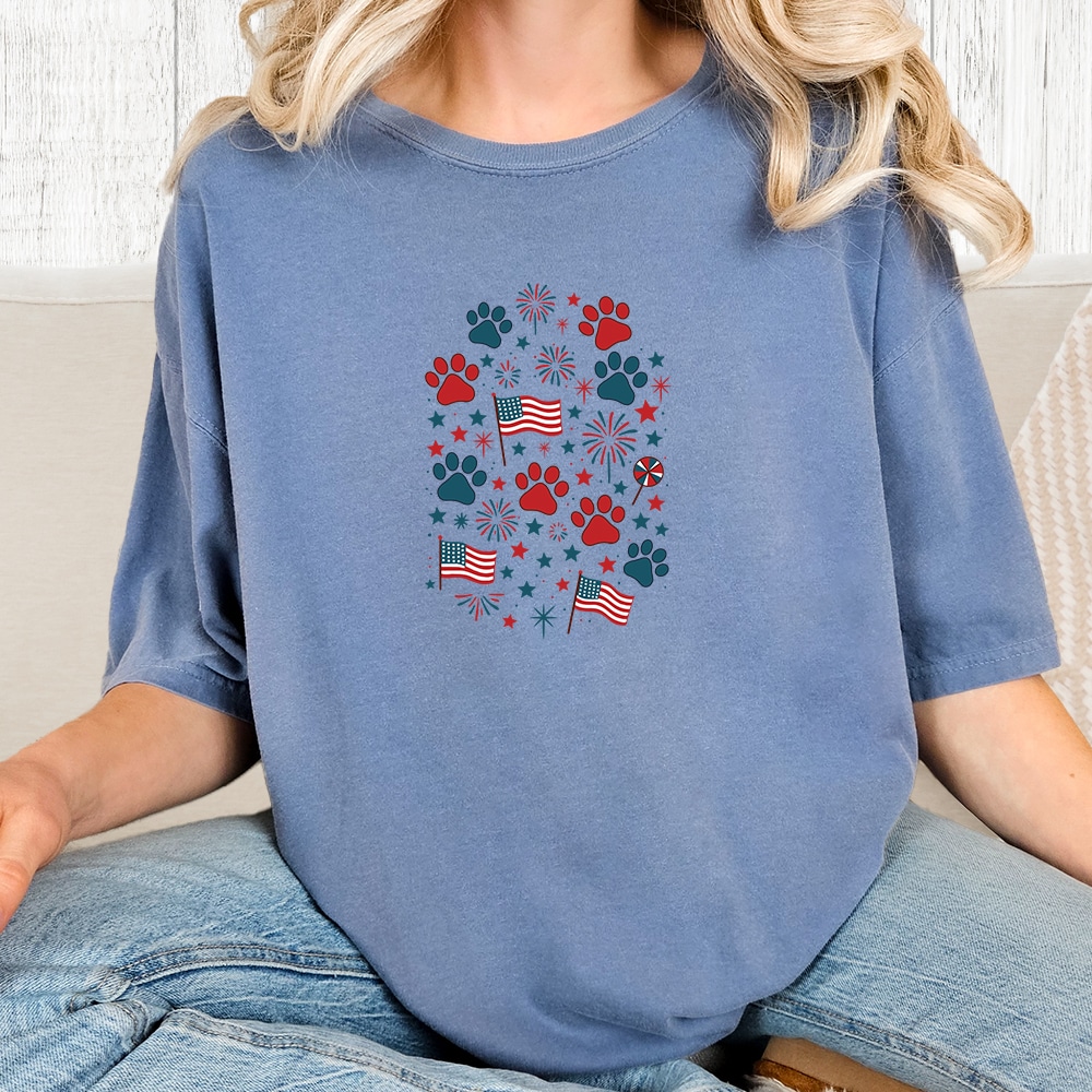 Comfort Colors Stars, Stripes & Paw Prints Vintage Washed Tee - Blue Jean