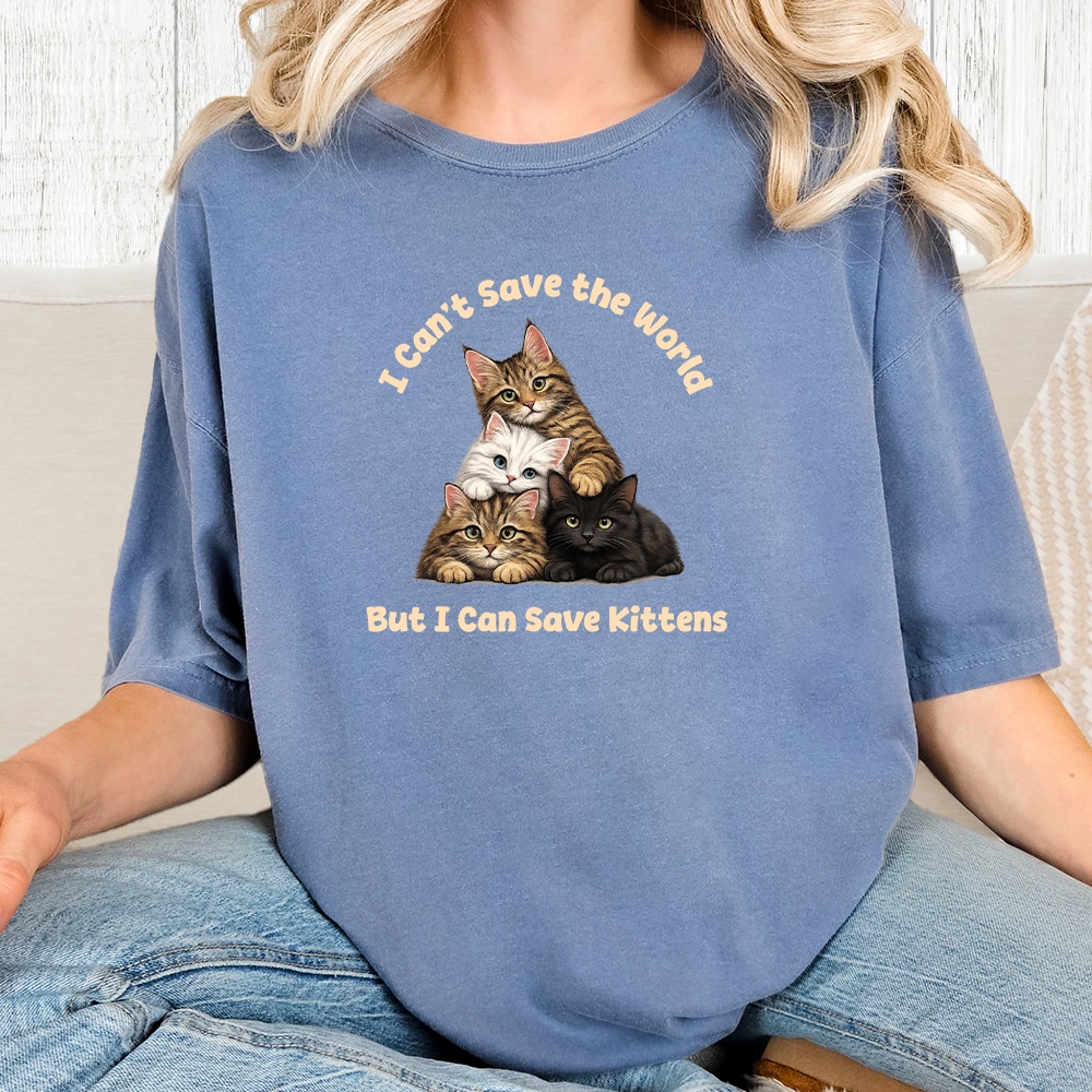 Comfort Colors I Can Save Kittens Vintage Washed Tee - Blue Jean