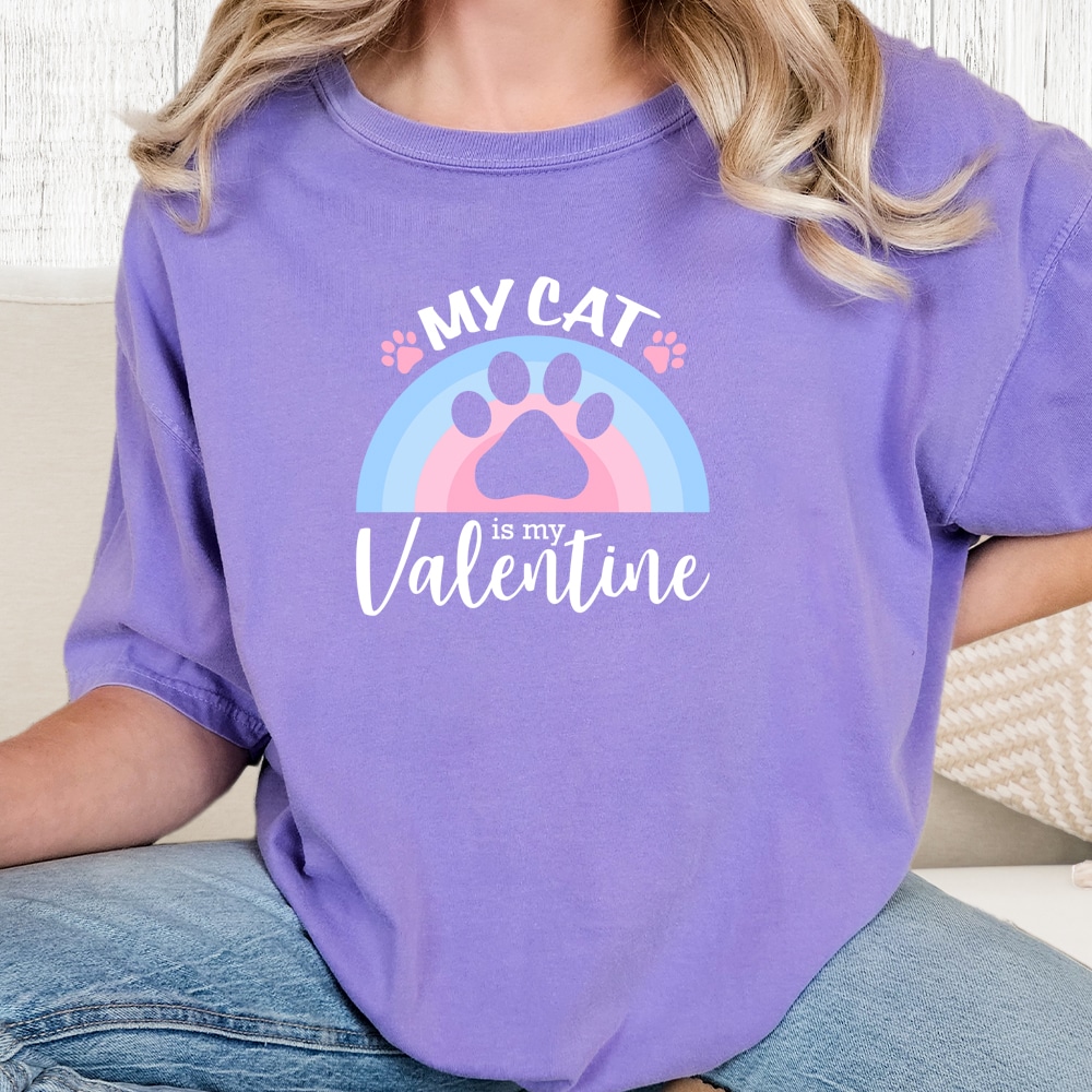 Comfort Colors My Cat Is My Valentine Rainbow Vintage Washed Tee - Violet