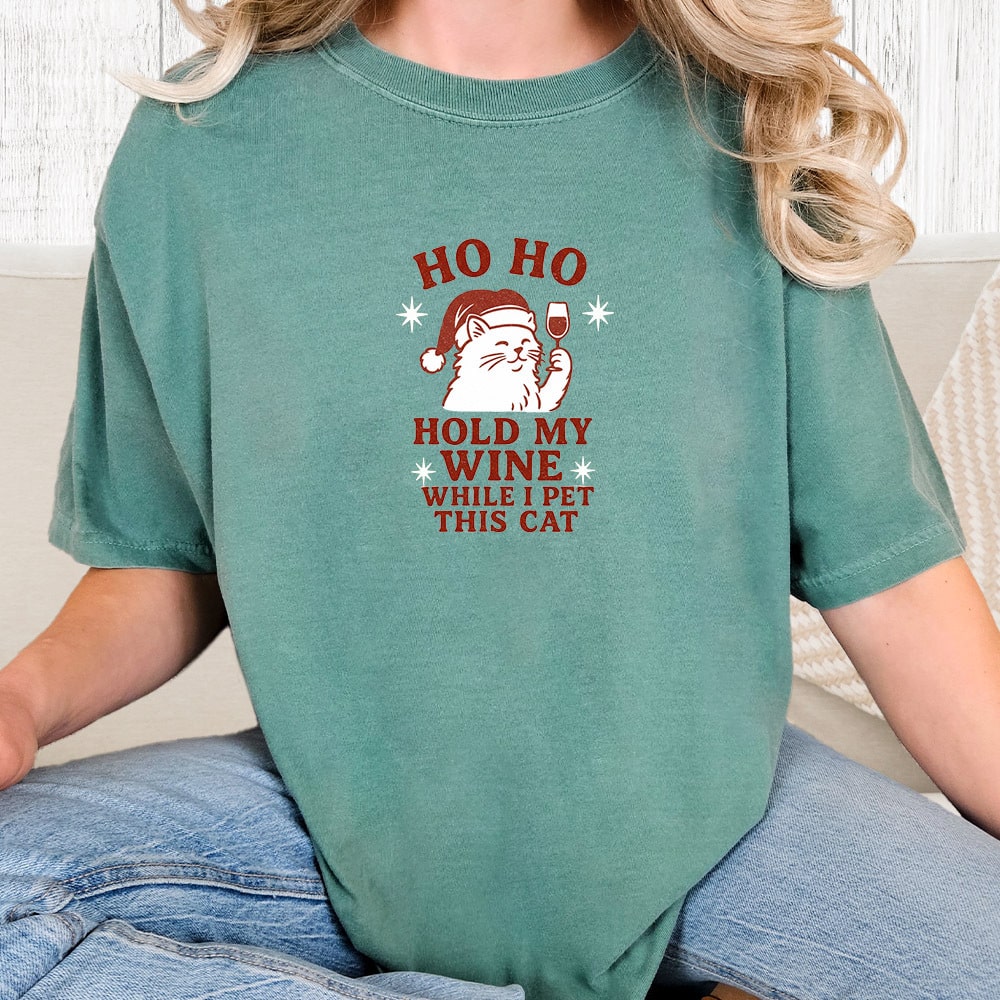 Comfort Colors Ho Ho Hold My Wine Vintage Washed Tee - Sea foam