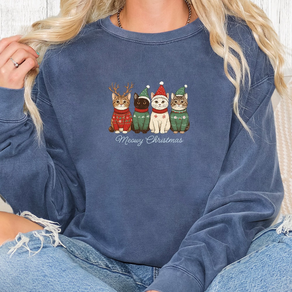 Comfort Colors Meowy Christmas Kitties Premium Sweatshirt - Denim