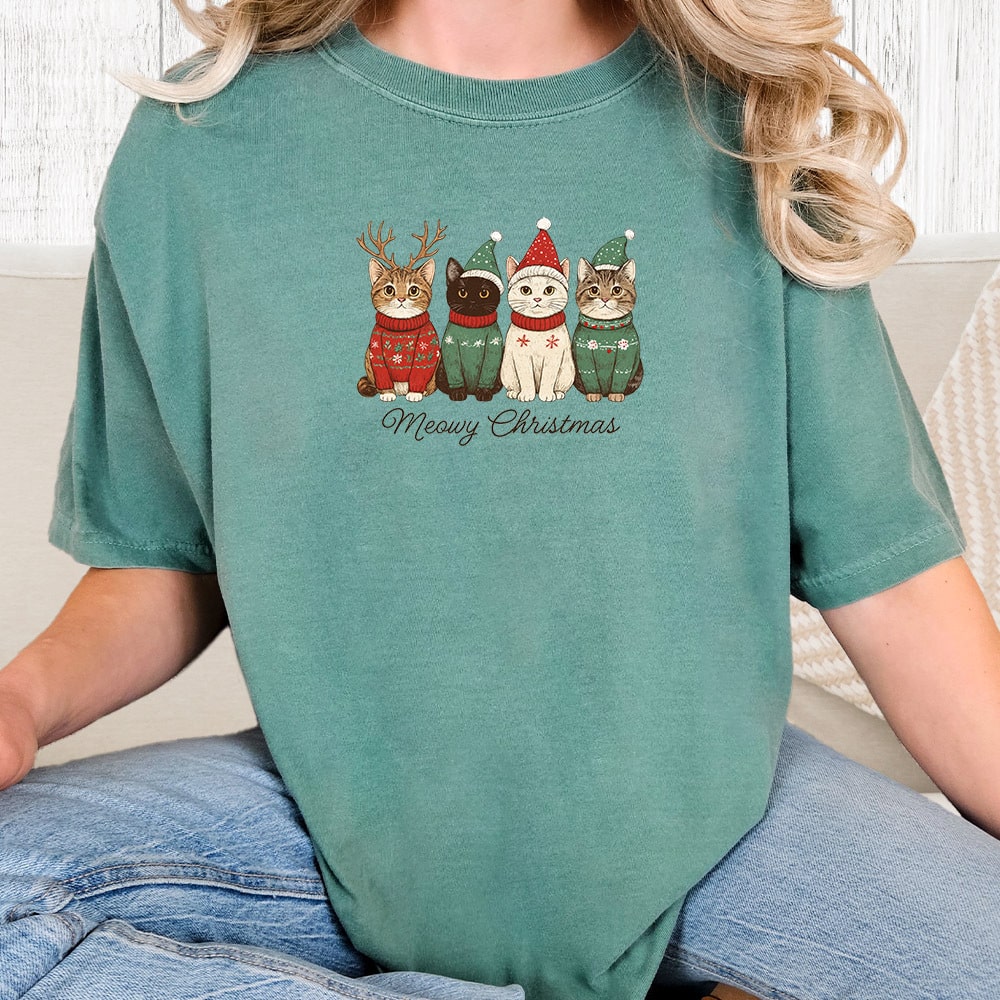 Comfort Colors Meowy Christmas Kitties Vintage Washed Tee - Sea foam