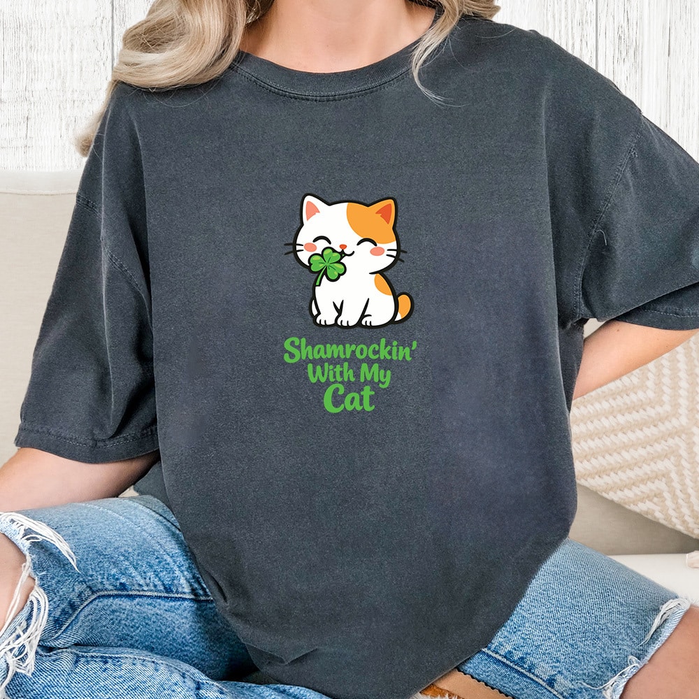Comfort Colors Shamrockin With My Cat Vintage Washed Tee - Pepper